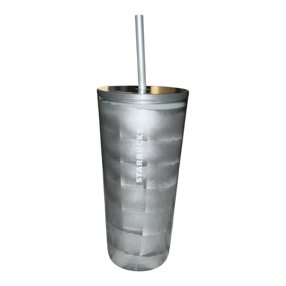 Starbucks Silver Glass Tumbler with Straw Holiday 2023 Edition